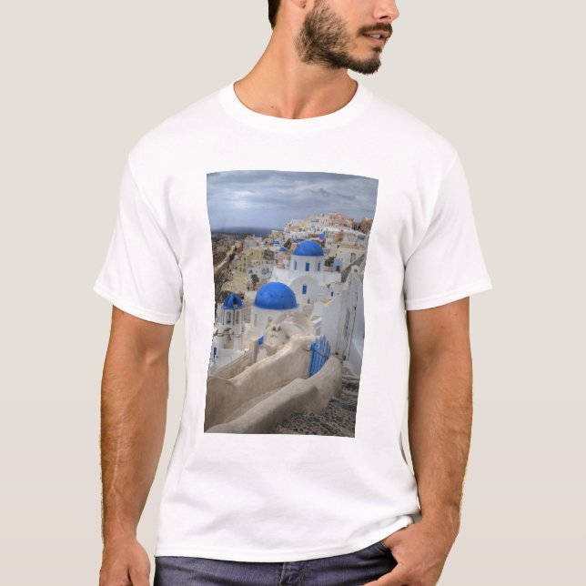 Greece, Santorini. Bell tower and blue domes of 3 T-Shirt (Front)