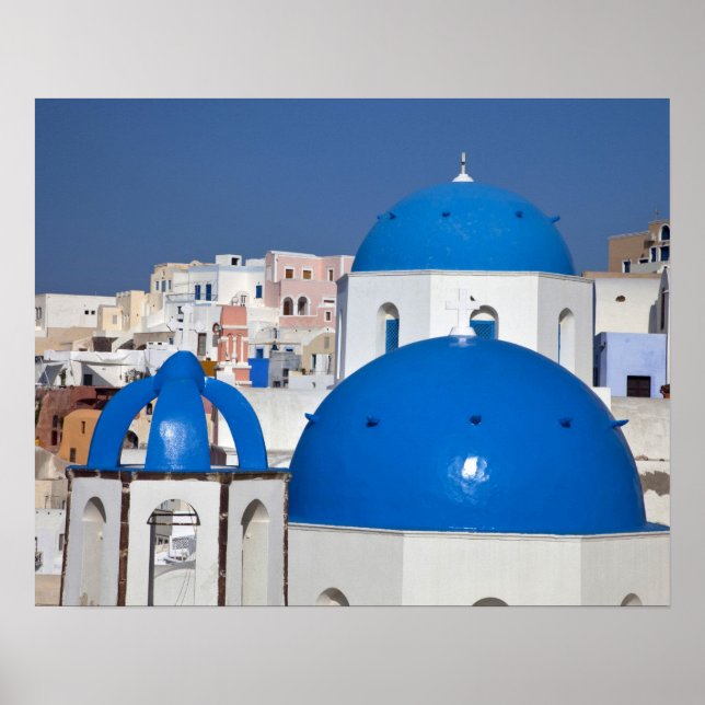 Greece, Santorini. Bell tower and blue domes of Poster (Front)