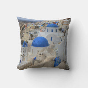 Greece, Santorini. Bell tower and blue domes Throw Pillow