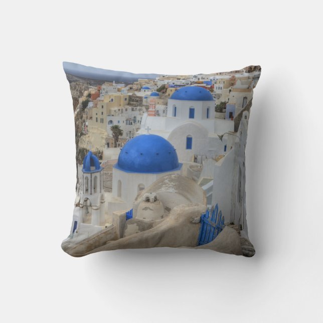 Greece, Santorini. Bell tower and blue domes Throw Pillow (Front)