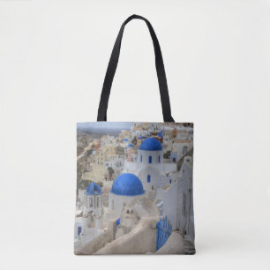 Greece, Santorini. Bell tower and blue domes Tote Bag