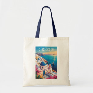 Greece Santorini Illustration Travel Art Vintage Tote Bag