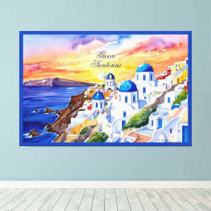 Greece Santorini Watercolor Sketch Aegean Sea    Canvas Print