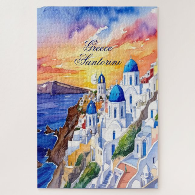 Greece Santorini Watercolor Sketch Aegean Sea |  Jigsaw Puzzle (Vertical)
