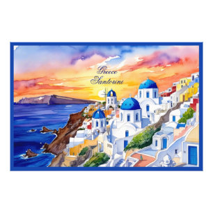 Greece Santorini Watercolor Sketch Aegean Sea    Photo Print