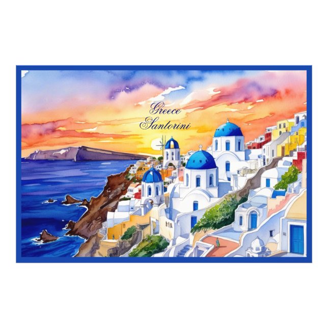 Greece Santorini Watercolor Sketch Aegean Sea |  Photo Print (Front)