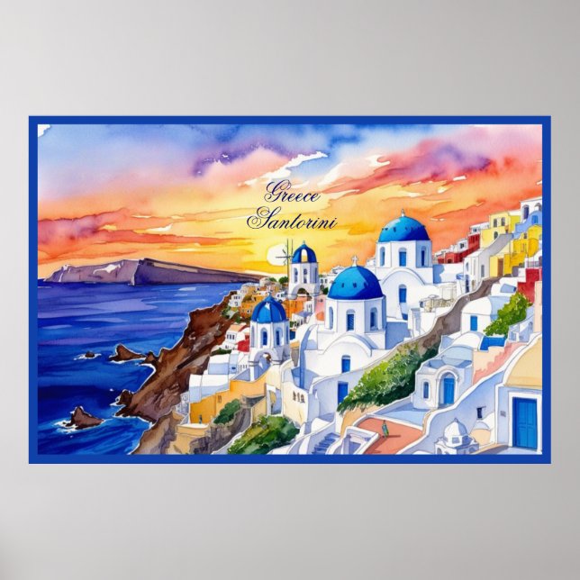 Greece Santorini Watercolor Sketch Aegean Sea |  Poster (Front)