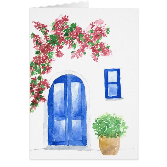 Greece Scenery Bougainvillea Watercolor Print Card (Front)