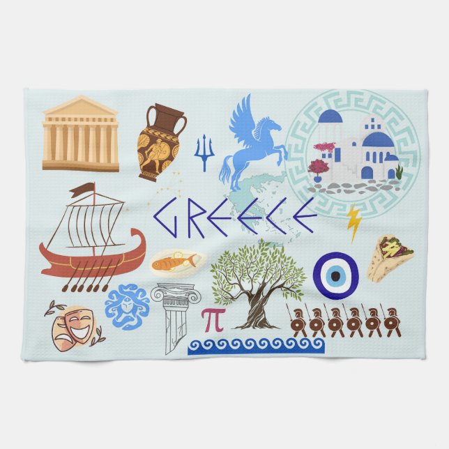Greece Symbols Travel Lovers Kitchen Towel (Horizontal)