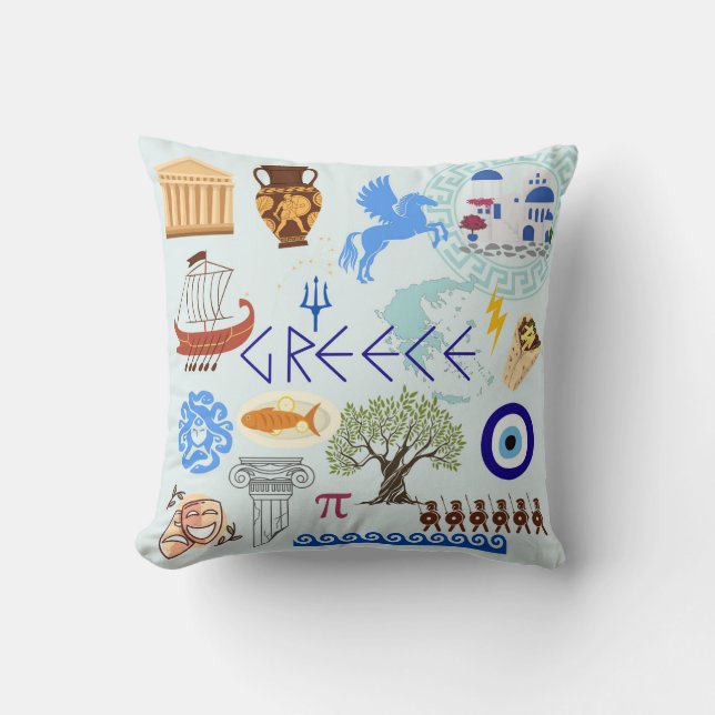 Greece Symbols Travel Lovers Throw Pillow (Front)