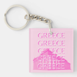 Greece, Travel Art, Pastel Travel Art, Pink Keychain