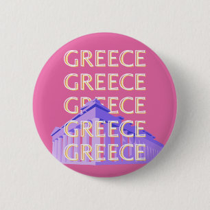 Greece Travel Art, Summer Travel Art, Retro, Pink 2 Inch Round Button