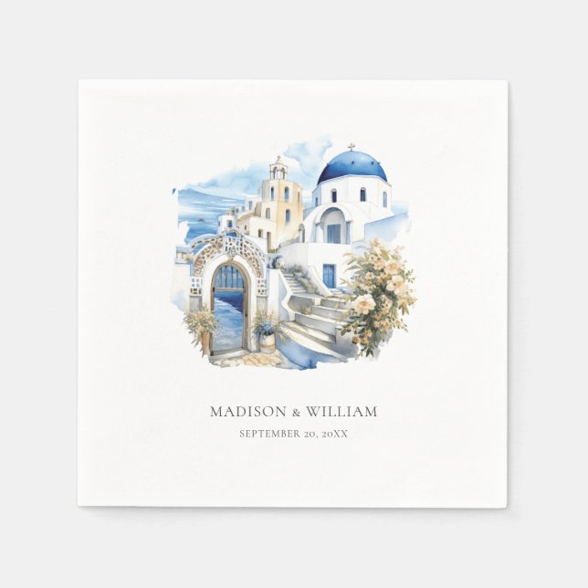 Greece Watercolor Personalized Minimal Wedding Napkin (Front)
