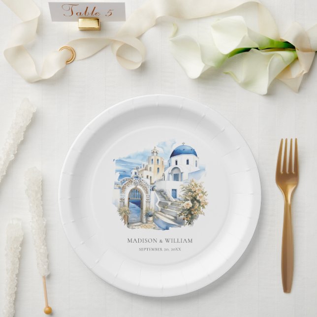 Greece Watercolor Personalized Minimal Wedding Paper Plate (Wedding)
