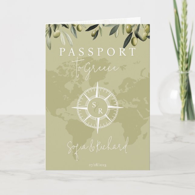 Greece Wedding  Passport Sage World Map Compass Invitation (Front)