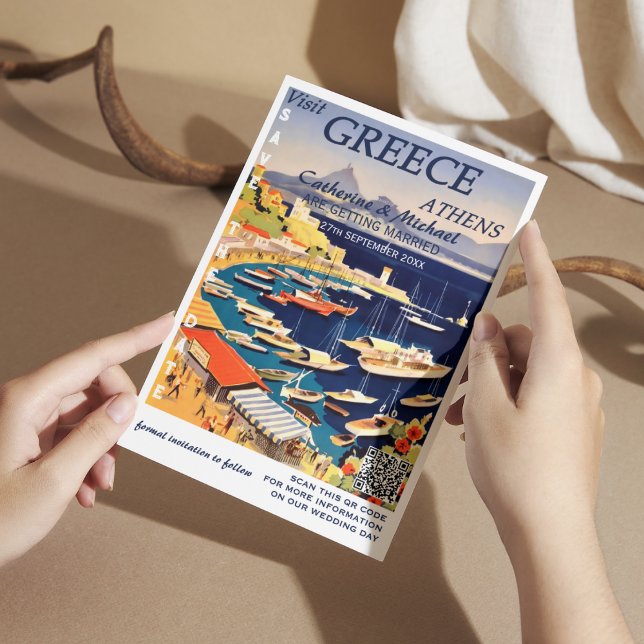 Greece Wedding Travel Poster Style QR Code  Save The Date (Creator Uploaded)