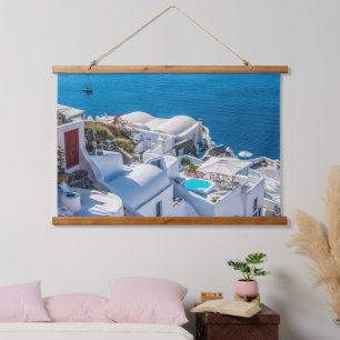 Greece White Hillside Buildings, Mediterranean Sea Hanging Tapestry