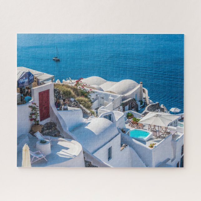 Greece White Hillside Buildings, Mediterranean Sea Jigsaw Puzzle (Horizontal)