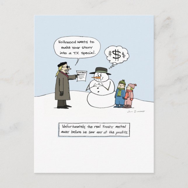 Greedy Frosty - Funny Christmas Cartoon Holiday Postcard (Front)