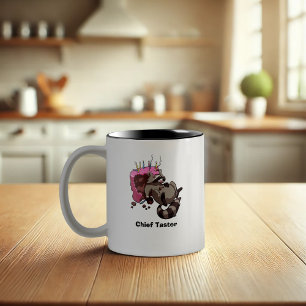 Greedy Raccoon Cake Thief Cartoon With Caption Two-Tone Coffee Mug