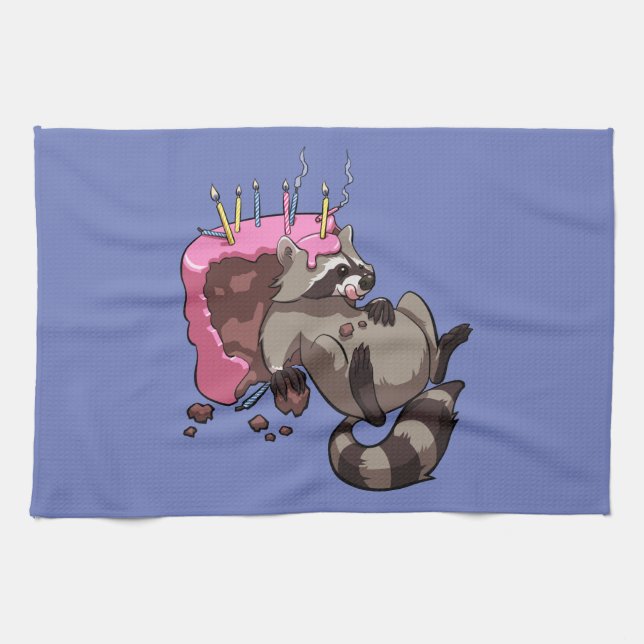 Greedy Raccoon Full of Birthday Cake Cartoon Kitchen Towel (Horizontal)