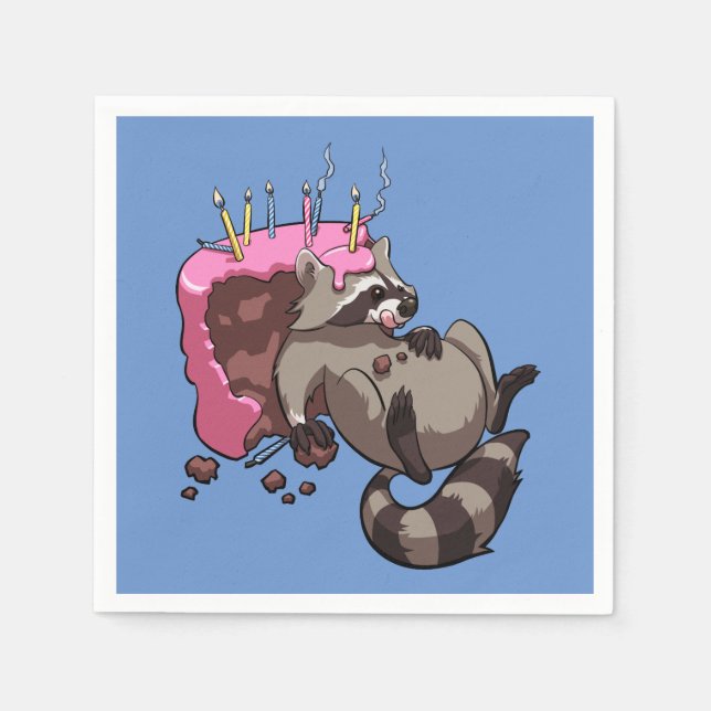 Greedy Raccoon Full of Birthday Cake Cartoon Napkin (Front)