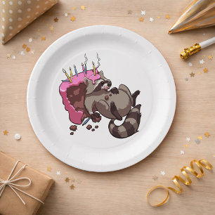 Greedy Raccoon Full of Birthday Cake Cartoon Paper Plate