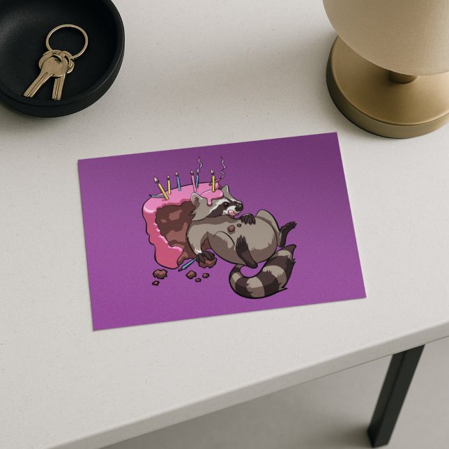 Greedy Raccoon Full of Birthday Cake Cartoon Postcard (Creator Uploaded)