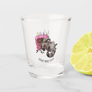 Greedy Raccoon Full of Birthday Cake Cartoon Shot Glass