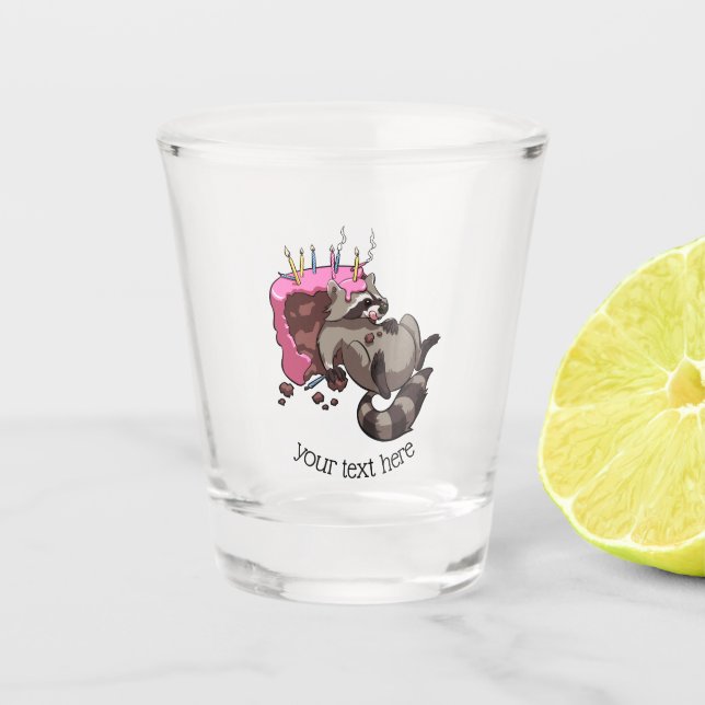 Greedy Raccoon Full of Birthday Cake Cartoon Shot Glass (Front)