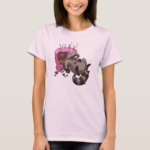 Greedy Raccoon Full of Birthday Cake Cartoon T-Shirt