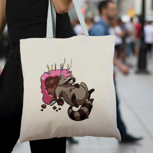Greedy Raccoon Full of Birthday Cake Cartoon Tote Bag