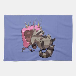 Greedy Racoon Full of Birthday Cake Cartoon Kitchen Towel
