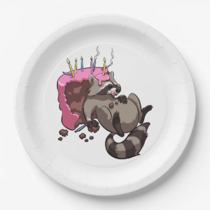 Greedy Racoon Full of Birthday Cake Cartoon Paper Plate