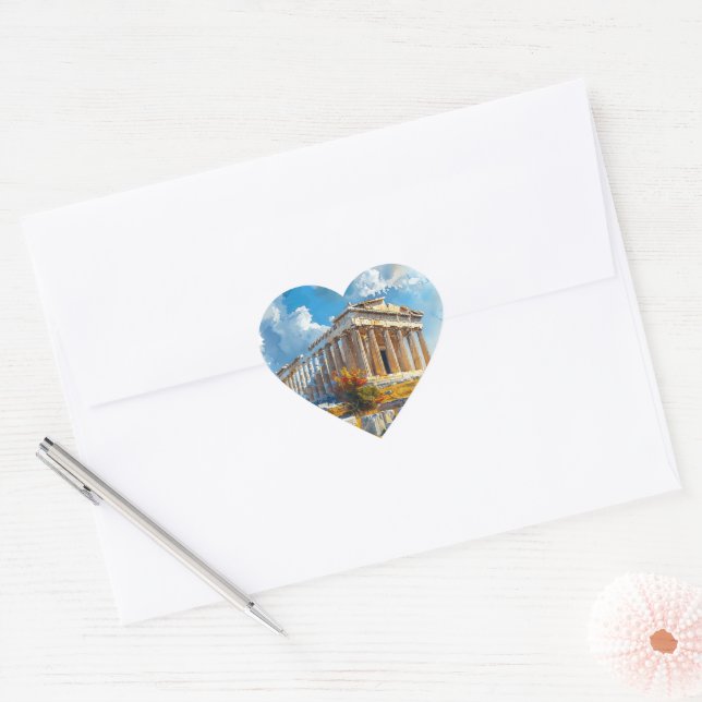 Greek Acropolis Watercolor Travel Landmarks Heart Sticker (Envelope)