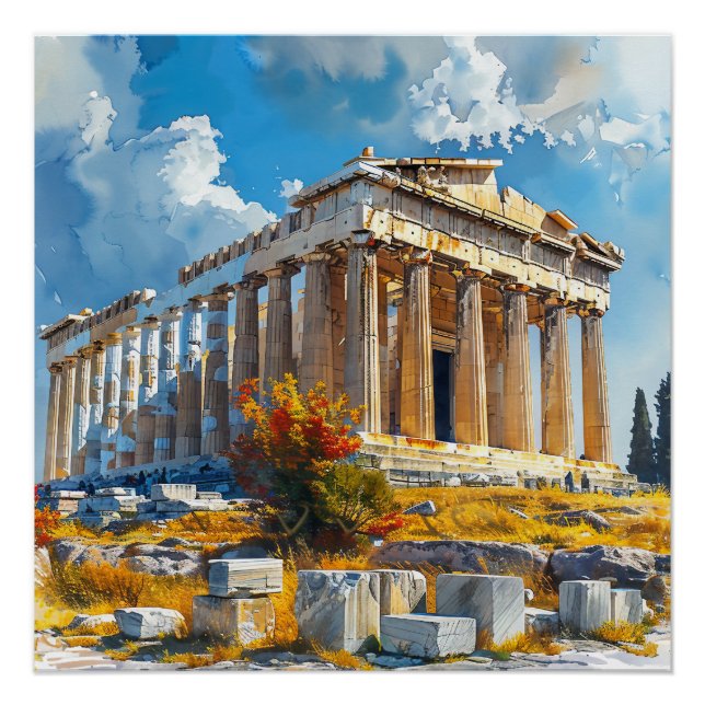 Greek Acropolis Watercolor Travel Landmarks Poster (Front)