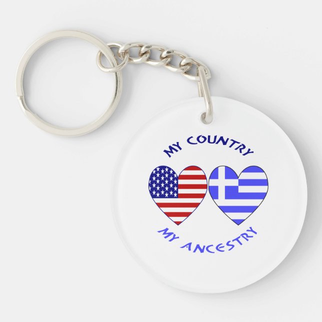 Greek and USA Flags Hearts Country Ancestry Keychain (Front)
