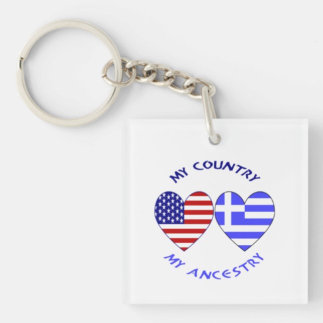 Greek and USA Flags Hearts Country Ancestry Keychain (Front)