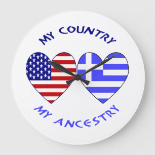Greek and USA Flags Hearts Country Ancestry Large Clock