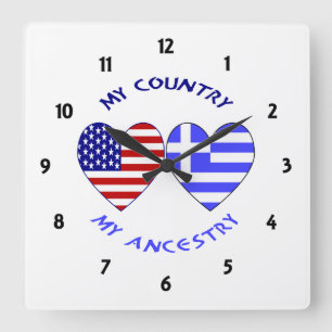 Greek and USA Flags Hearts Country Ancestry Square Wall Clock