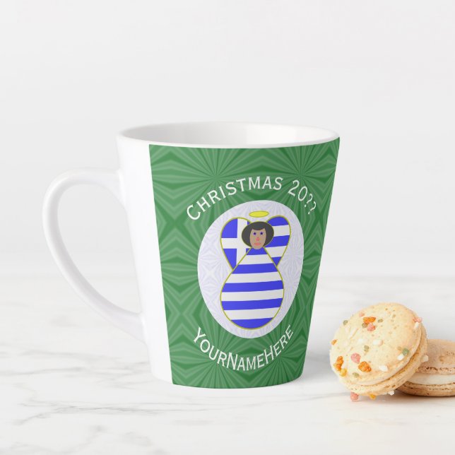 Greek Angel Black Hair Christmas Flag Personalized Latte Mug (In Situ)