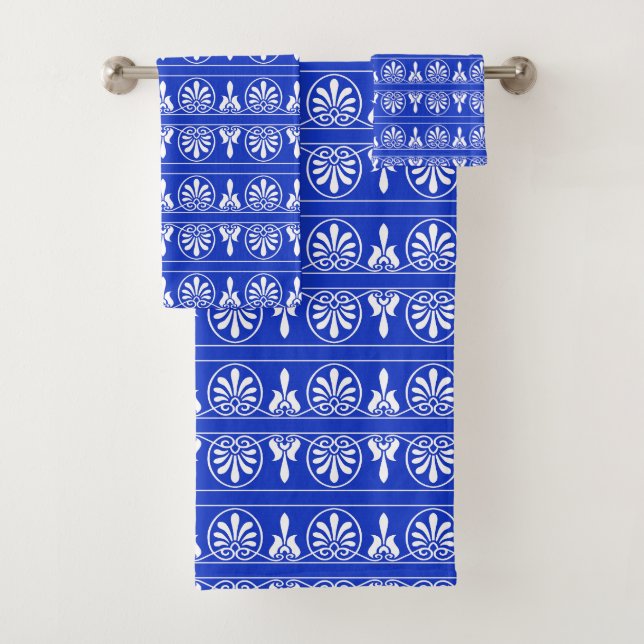 Greek Arabesque Mediterranean Pattern Blue Bath Towel Set (Insitu)
