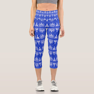 Greek Arabesque Mediterranean Pattern Blue Capri Leggings