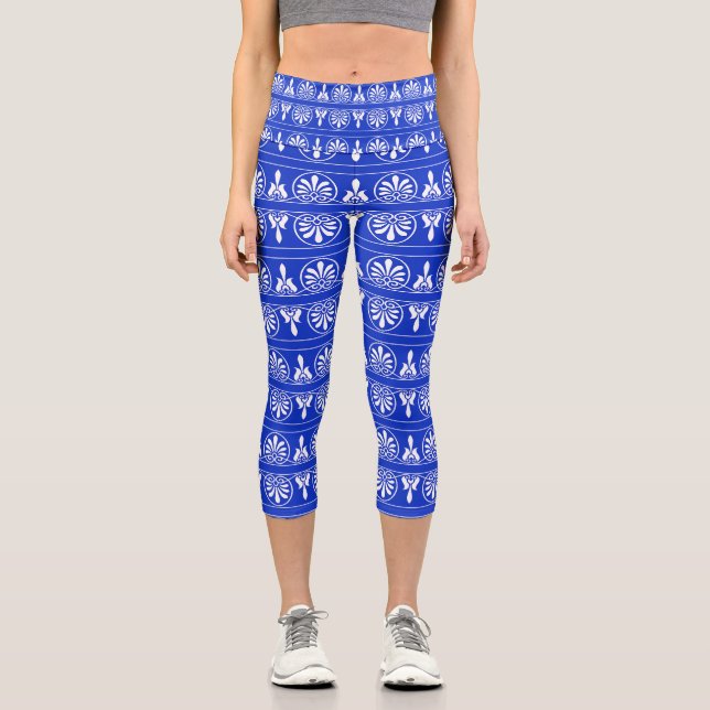 Greek Arabesque Mediterranean Pattern Blue Capri Leggings (Front)