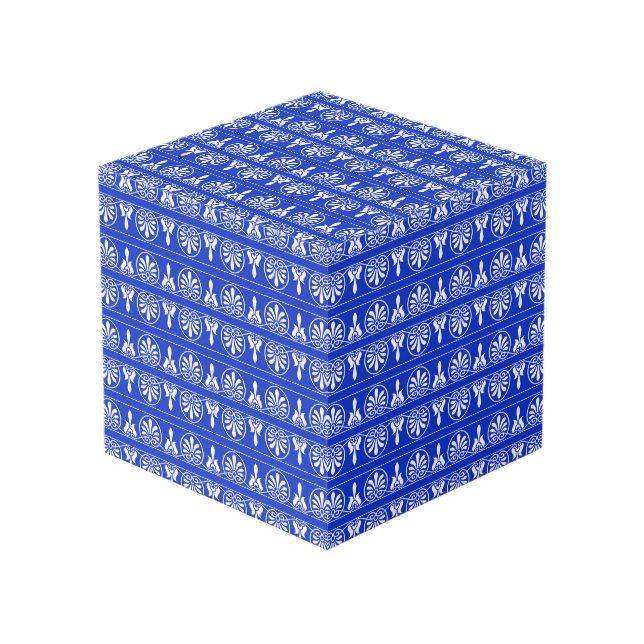 Greek Arabesque Mediterranean Pattern Blue Cube (Front Angled)