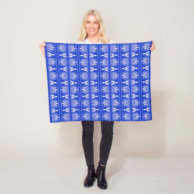 Greek Arabesque Mediterranean Pattern Blue Fleece Blanket (In Situ)