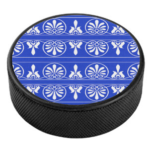 Greek Arabesque Mediterranean Pattern Blue Hockey Puck