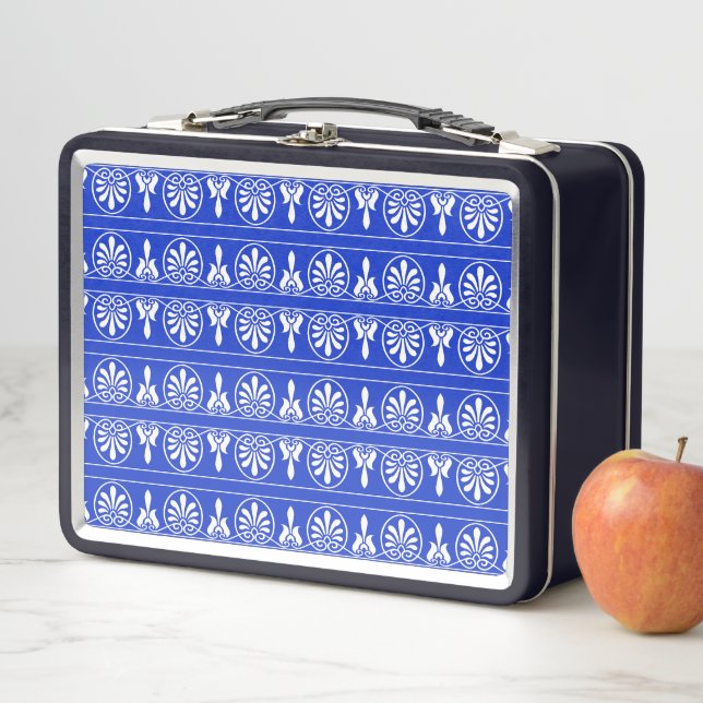 Greek Arabesque Mediterranean Pattern Blue Metal Lunch Box (In Situ)