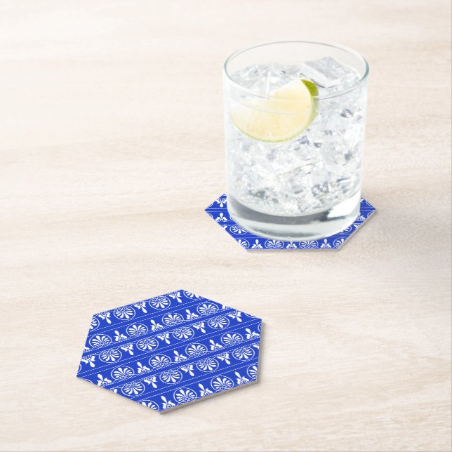 Greek Arabesque Mediterranean Pattern Blue Paper Coaster (Insitu)