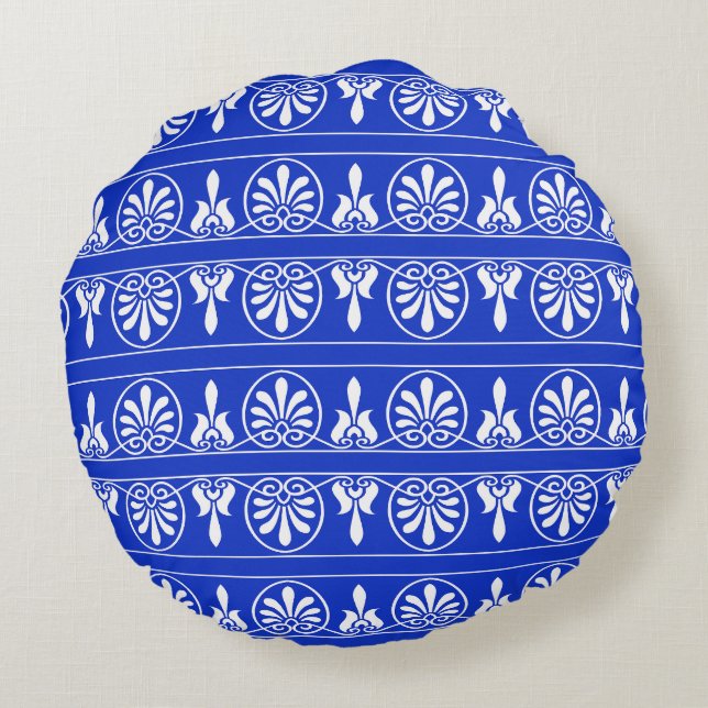 Greek Arabesque Mediterranean Pattern Blue Round Pillow (Back)